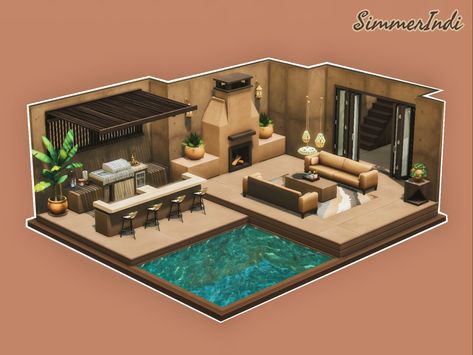 Ts4 Patio Cc, Sims 4 Desert Luxe Kit, Sims 4 Desert House Ideas, Sims Indoor Pool, Sims Patio Ideas, Sims4 Backyard Ideas, Sims 4 One Bedroom House, Sims 4 Big Kitchen Ideas, Sims 4 Entryway Ideas