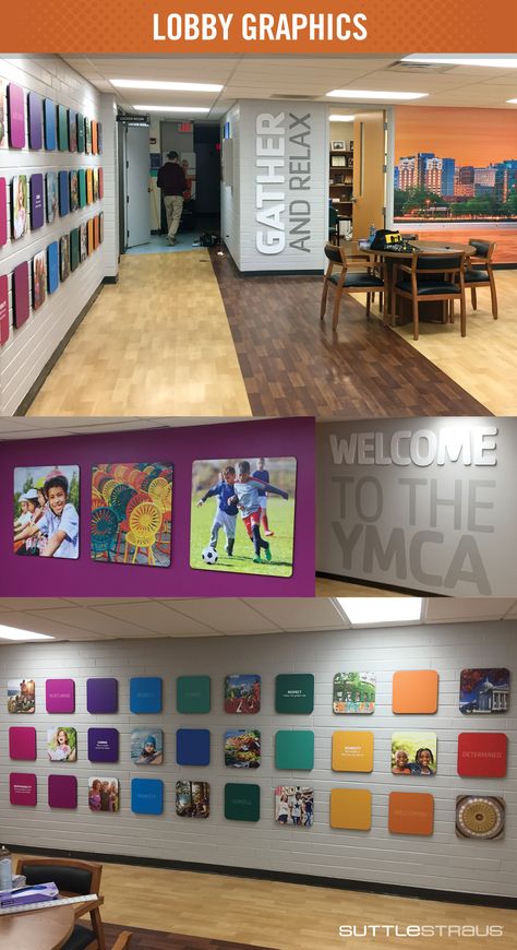 We helped our local YMCA give their walls a fresh new look to welcome their members through the lobby entrance. Bold paint colors, dimensional lettering and printed graphics of photos from the community helped brighten the space. Office Entrance Wall Design, Ymca Aesthetic, Office Extension, Office Revamp, Print Portfolio, Experiential Graphic Design, Library Project, Lobby Ideas, Bold Paint Colors