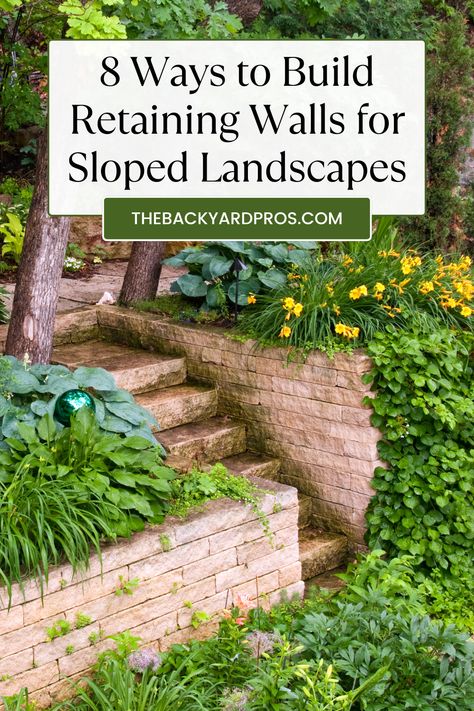 Discover 8 retaining wall ideas that will turn your sloped backyard into a beautifully structured space! These designs offer more than just support – they add character and charm to your outdoor area. Whether you want a modern or rustic vibe, there’s something for every taste! Retaining Wall With Bench Seating, Brick Retaining Wall Garden Bed, Sunken Patio Ideas Retaining Walls, Landscape Design For Sloped Backyard, Tiered Garden Ideas Retaining Walls, Front Yard With Retaining Wall, Garden With Slope, Backyard Retaining Wall Sloped Yard, Tiered Retaining Wall Ideas Hillside