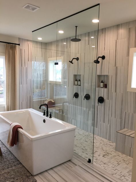 New Construction Master Bath, 2 Head Showers Master Bath, Bathroom Ideas Double Shower Head, Multihead Shower Master Bath, Large Bathroom Ideas Master Suite Showers, Black Bathtub Shower Combo, Large Spa Bathroom Master Bath, Walk Thru Shower Behind Tub, Open Floor Plan Bathroom Master Suite