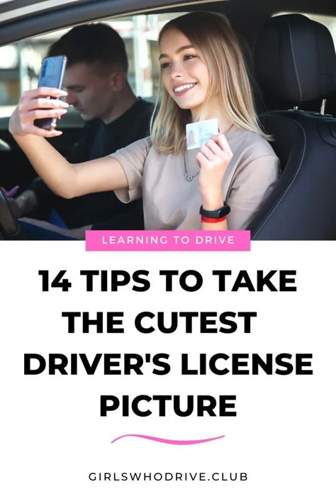 Girl taking a selfie while holding her driver's license. Things To Do When You Get Your License, What To Wear For License Picture, How To Take A Good Id Picture, Drivers Test Outfit, Driver License Hairstyle, Drivers Licence Photo Outfit, Permit Photo Makeup, Permit Pictures, Good License Photo