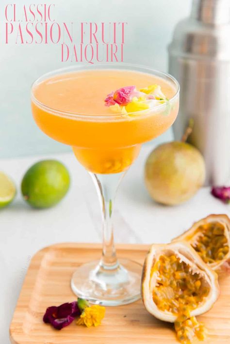 The Classic Passion Fruit Daiquiri is shaken, not frozen, but that doesn't mean it lacks in fruity flavor or punch. Made with white rum and fresh citrus juice, the passion fruit flavor is sure to become your new favorite. #passionfruitdrink #parcha #daiquiri #passionfruitdaiquiri #classicdaiquiri #rumdrinks #rumcocktail #bacardirum #bebidasderon #puertoricanrecipe #shakencocktails #jugodeparcha via @ediblesense Passion Fruit Daiquiri, Puff Pastry From Scratch, Filled Pastries, Make Puff Pastry, Daiquiri Recipe, Passion Fruit Juice, Puff Pastry Dough, Rum Drinks, Citrus Juice