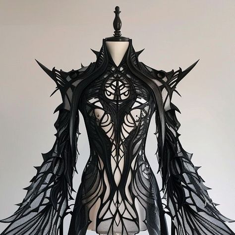 Aliberk Senbas on Instagram: "DARKWING DRESS - Channeling my inner elegance with this stunning darkwing dress. ✨🖤 Sometimes, all you need is a touch of mystery and a hint of glamour to make the night unforgettable. #DarkwingDress #EveningElegance #MidnightGlam  FORM IS INFINITE ♾️  #formzee #fashion #design #future #futuristicart #neogothic #gothic #mysterious #organic #organicdesign #futuristic #dark #beautiful #style #artist #art #fashiondesigner #instafashion #midjourney #ai #dalle3 #stablediffusion #clothing #fashionstyle #designerfashion" Dark Futuristic Fashion, Futuristic Black Dress, Futuristic Elegance, Luxury Gothic Corset Dress, Luxury Gothic Evening Corset, High Fashion Goth Haute Couture, Goth Couture Dark Fashion, Gothic Style Clothing, Futuristic Dress