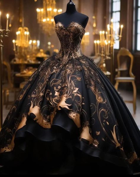 Black And Gold Ball Gown, Mascarade Dresses, Black Wedding Gowns, Expensive Dresses, Gothic Wedding Dress, Gold Wedding Dress, Dream Wedding Ideas Dresses, Fantasy Gowns, Fairytale Dress