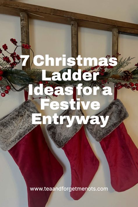 7 Christmas Ladder Ideas for a Festive Entryway Diy Christmas Ladder Ideas, Decorating With A Ladder, Holiday Ladder Decor, Decorating A Ladder For Christmas, Christmas Ornaments Display Ideas, Blanket Ladder Christmas Decor, Stockings On Ladder, Ladder Decor Christmas, Small Ladder Decor Ideas