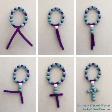 Create this easy and inexpensive Rosary craft with Catholic kids as a way to introduce the basic parts of a Rosary. Rosary Craft, Ccd Crafts, Catholic Kids Crafts, Catholic Kids Activities, Catholic Schools Week, Catholic Education, Catholic Crafts, Bible School Crafts, Religious Crafts