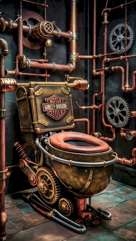 A steampunk-themed Harley commode with exposed gears, brass and copper finishes, and a leather seat, featured in a bathroom with Victorian decor and industrial accents. Bathroom Commode, Steampunk Interior Design, Toilet Commode, Steampunk Interior, Steampunk Motorcycle, Steampunk Furniture, Steampunk Stuff, Industrial Steampunk, Victorian Aesthetic