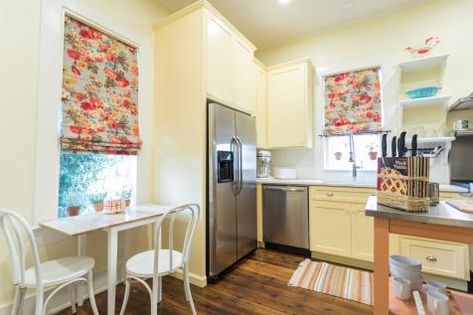 Bright Yellow Kitchen, Home Town Hgtv, Erin Napier, New Cabinet, Yellow Kitchen, Floral Curtains, Home Town, Style Kitchen, Kitchen Styling