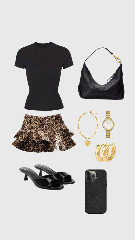 Leopard Mini Skirt Outfit, Cool Girl Outfit, Leopard Mini Skirt, Mini Skirt Outfit, Cool Girl Outfits, Skirt Heels, Miniskirt Outfits, Skirt Fits, Gold Heels