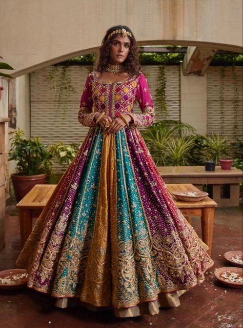 Colourful Mehndi Outfits, Bangle Ceremony Outfit For Bride, Mendhi Outfits Pakistani, Winter Hoodie With All Over Print, Retro Long Sleeve Hoodie With Letter Print, Colourful Pakistani Dresses, Trendy Winter Hoodie With Character Print, Multi Color Mehndi Dresses, Pakistani Mehndi Dress Bridal