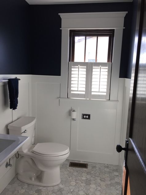 Navy Powder Room, 1910 Bathroom, Batten Bathroom, White Board And Batten, Spa Style Bathroom, Navy Bathroom, White Wainscoting, Mold In Bathroom, White Tub