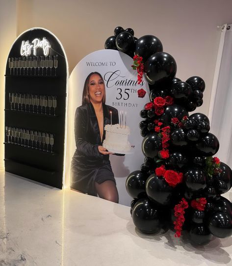 T H I R T Y • F I V E 🌹 SWIPE ➡️ Loved the all black look with red roses 😍 Thankful for the continued support from my loyal clients. ❤️ … | Instagram Red Rose And Black Themed Birthday Party, 45 Bday Party Ideas, 23rd Birthday Party Ideas For Women, Black Backdrop With Balloons, Roses Birthday Theme, Pink And Black 21st Birthday Party, 40 Party Ideas For Woman, Pink And Black Party Decor, Black Dinner Party Decor