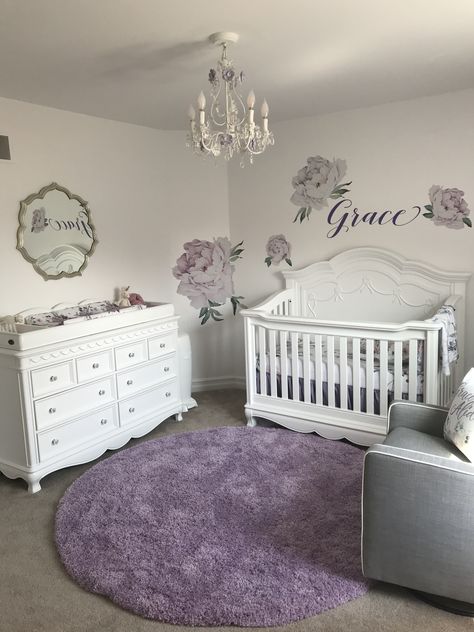 Gray And Lavender Nursery, Nursery Decor Flowers, Purple Baby Nursery Ideas, Lavender Themed Nursery, Purple Nursery Theme, Baby Girl Nursery Room Ideas Purple, Purple Butterfly Nursery Baby Girl, Nursery Ideas Lavender, Girl Nursery Themes Purple