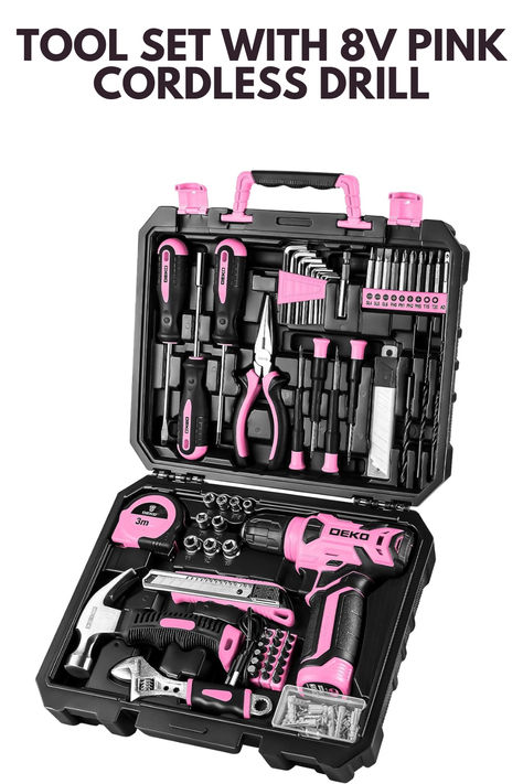 Lightweight Pink Cordless Drill】The 8V drill set can be used for drilling in wood and plastic, and tightening/loosening screws.Press the switch to adjust the speed of the electric drill, the maximum no-load speed of the mini drill is 800r/min. The net weight of the hand drill is only 1.65 pounds, and it is easy to operate with one hand. Pink Tool Box, Pink Tool Set, Pink Tools, Hand Tool Kit, Hand Tool Sets, Drill Set, Electric Screwdriver, Tool Kits, Pink Power