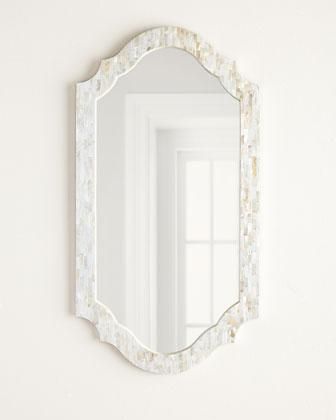 Benjamin Moore Dinner Party, Capiz Shell Mirror, Cottage Powder Room, Fretwork Mirror, Beach Style Decor, Mirrored Walls, Beach Style Decorating, Lakehouse Ideas, Margaret Mitchell