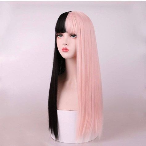 Split Dye Pink and Black Wig With Bang,Wig for Women,Cosplay Wig,Dual Tone Wig Pink Wig With Bangs, Split Hair, Grey Wig, Glueless Wigs, Pink Wig, Black And Blonde, Hair Color Pink, Ombre Wigs, Wig With Bangs