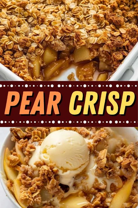 This pear crisp recipe has the perfect balance of tender, juicy spiced pears and a crispy, nutty oat topping. It's easy to make with simple ingredients. Easy Pear Crumble, Baking With Pears Dessert Recipes, Hot Pear Dessert, Peaches And Pears Recipes, Pear Food Ideas, Fresh Pears What To Do With Healthy, Pear Apple Crisp Easy Recipes, Baked Pear Recipes Easy, Recipes With Pears Simple