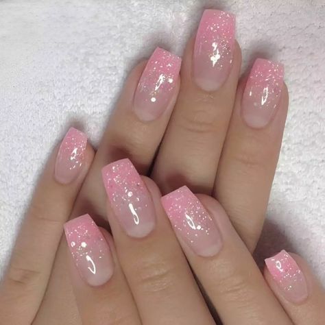 30 Stunning Ways To Rock Short Coffin Nails - 246 Faded Pink Nails, Pink Glitter Fade Nails, Pink Ombre Glitter Nails, Pink Sparkle French Tip Nails, Pink And White Glitter Nails, Pink Glitter Ombre Nails, Light Pink Nails With Glitter, Light Pink Glitter Nails, Pink Ombre Nails Glitter