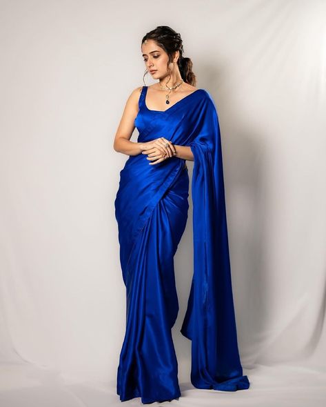 Blue Satin Saree, Satin Silk Saree, Satin Saree, Indo Western, Blue Satin, Satin Silk, Fashion Studio, Fashion Updates, Deep Blue