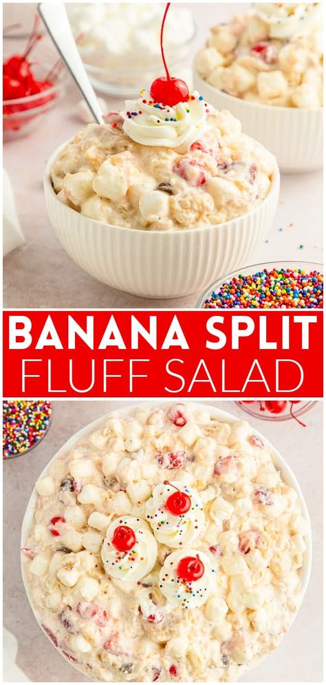 Banana Split Fluff Salad, Banana Split Fluff, Fluff Salad, Best Fruit Salad, Sweet Cravings, Small Desserts, Indulgent Desserts, A Banana, Banana Split