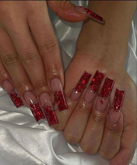 Nails That Would Go With A Red Dress, Red Wedding Nails For Bride Acrylic, Red Nails Acrylic With Glitter, Long Square Acrylic Nails Red Glitter, Ombre Red Glitter Nails, Chunky Red Glitter Nails, Red Ombré Acrylic Nails, Red Glitter Ombré Nails, Ruby Red Nails Glitter