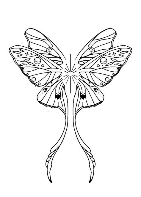 Luna Moth Wings Tattoo, Art Nouveau Tattoos, Chinese Luna Moth Tattoo, Moth Tattoo Stencil, Lunar Moth Tattoo Design, Lunar Moth Outline, Luna Moth Line Drawing, Moth Line Art, Whimsical Moth Tattoo