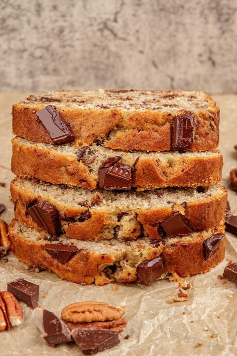 Easy Chocolate Chunk Banana Bread | Moist + Decadent - Clove and Cumin Banana Bread Without Butter, Chocolate Chunk Banana Bread, Banana Bread Moist, Bread And Chocolate, Banana Bread With Chocolate, Super Moist Banana Bread, Bread With Chocolate, Batter Mix, Caramelized Bananas