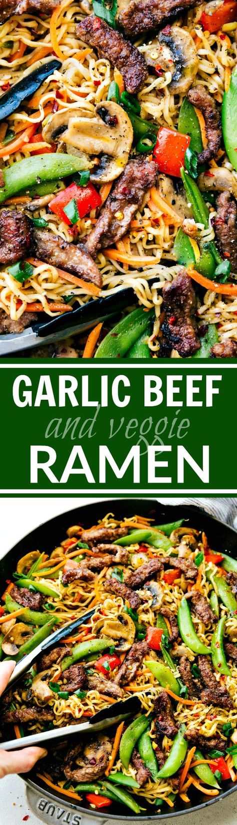 Garlic Beef and Veggie Ramen is an easy 30-minute dinner recipe that is so much better than take-out! via chelseasmessyapron.com Garlic Beef And Veggie Ramen, Veggie Ramen, Healthy Recipes Easy, Garlic Beef, Mapo Tofu, Ramen Recipes, God Mat, Goulash, Beef Dinner