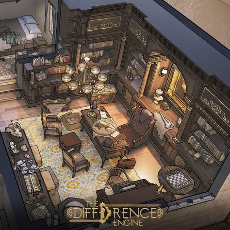 House Concept Art Interior, Steampunk House Interiors, Fantasy House Concept Art, Fantasy House Concept, Difference Engine, House Concept Art, Steampunk Office, Fancy Apartment, Interior Concept Art