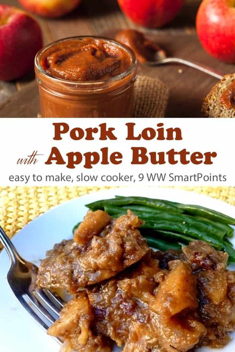 Easy Crock Pot Pork Loin Recipe with Apple Butter Made Lighter. You'll want to try this hearty slow cooker braised pork recipe. Perfect for all family gatherings this Fall. #crockpotbraisedpork #pork via @marthamckinnon Pork Tenderloin With Apple Butter, Apple Butter Pork Loin Crock Pot, Apple Pork Loin Crock Pot, Pork Loin And Apples Crockpot, Apple Butter Pork Tenderloin, Pork Loun, Crock Pot Pork Loin, Ham And Broccoli Quiche, January Food