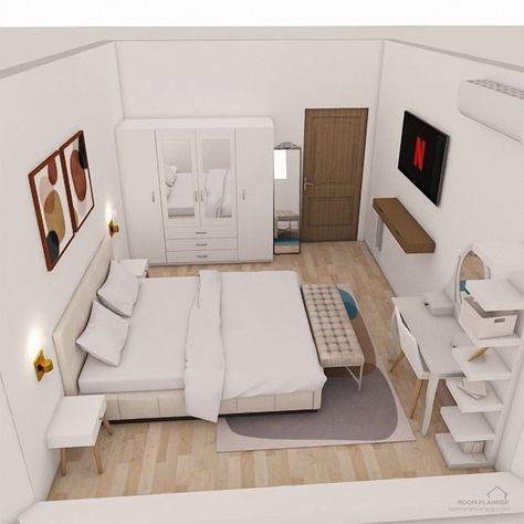 4×4 Room Design, 4x3m Bedroom Ideas, Bedroom Placement Layout, 10m2 Bedroom, Family Bedroom Ideas, Bedroom 10m2, Rectangle Bedroom Layout Ideas, Narrow Bedroom, Dream House Bedroom