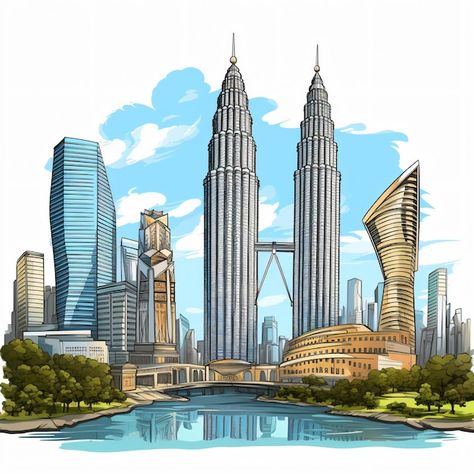 Petronas Twin Towers, Visit Malaysia, Petronas Towers, Building Illustration, Kuala Lumpur Malaysia, Twin Towers, Card Banner, Business Card Maker, Poster Maker