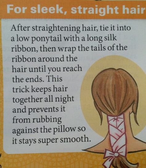 Sleep with ribbon-wrapped hair to wake up with straight hair! from First for Women, February 2, 2015. Ribbon Wrapped Hair, How To Sleep With Straightened Hair, Straight Hair Styling, 3c Curly Hair, Wrapped Hair, Brush Straightener, Girly Hairstyles, Natural Straight Hair, Classic Hair