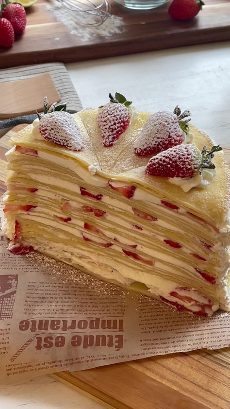 Crepe Cake ⏲🎞 written details on insta Crepe Cake Recipe, Sliced Strawberries, Crepe Cake, Pretty Dessert, 3 Eggs, Homemade Whipped Cream, Yummy Comfort Food, Food Obsession, Lemon Zest