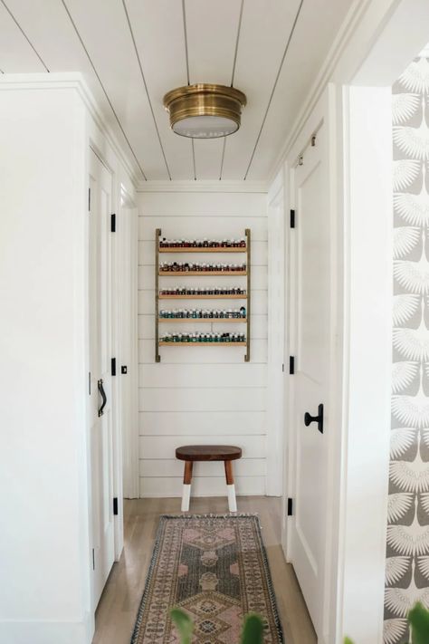 House Details- Molding, Shiplap, Paint, Doors, Woven Shades and More - Nesting With Grace Shiplap Hallway Ceiling, House Molding, Shiplap Door, Hall Door, Paint Doors, Ceiling Crown Molding, Painting Shiplap, Nesting With Grace, Shiplap Ceiling