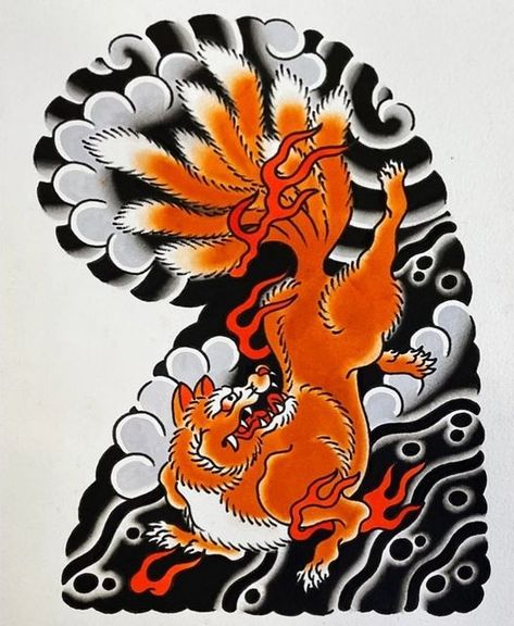 Japanese Kitsune Tattoo, Japanese Fox Tattoo, Kitsune Drawing, Japanese Reference, Japanese Kitsune, School Japanese, Japanese Flower Tattoo, Japanese Fox, Irezumi Tattoos