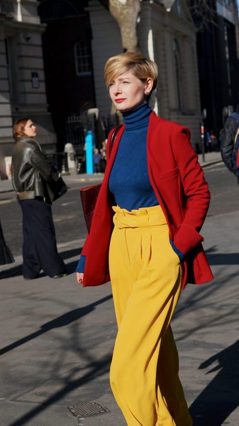 Colour Blocking Fashion, Color Outfits, Colour Combinations Fashion, Color Combos Outfit, Color Blocking Outfits, Color Combinations For Clothes, Yellow Pants, 가을 패션, Colourful Outfits