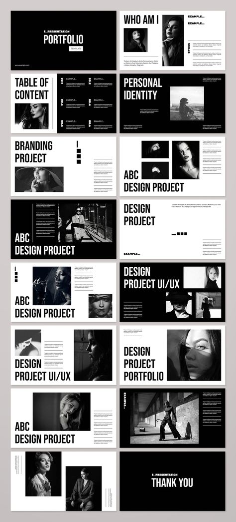 featuring bold typography, graphic design, and illustration. A mix of personal and client work. See more at [portfolio 3 Image Layout, Black And White Portfolio Design, Black Portfolio Design, Powerpoint Portfolio Design, Minimalistic Portfolio Design, Portfolio Design Presentation, Graphic Design Student Portfolio, Graphic Design Web Portfolio, Online Portfolio Design Layout