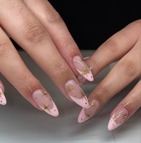 Gel X Nails Summer, Astronomy Nails, Leo Season Nails, Folklore Nails, Nails Pink And Gold, Nail Designs With Gems, Baddie Almond Nails, Summery Nails, Soft Nails