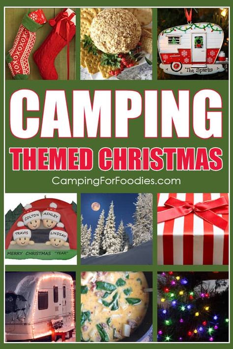 Christmas Gifts For Camping Friends, Camping Theme Christmas Party, Campfire Christmas Party, Camping Themed Basket, Christmas Camping Theme, Camping For Christmas, Christmas Camping Decorations, Camping Themed Christmas Tree, Camping Christmas Decorations