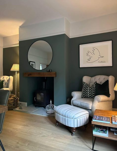 Navy Blue Panelling Living Room, Teal Panelling Living Room, Forest Green Feature Wall Living Rooms, Half And Half Living Room Walls, Dark Green Panelling Living Room, Panelled Walls With Fireplace, Green Panelling Living Rooms, Panneling Rooms Living Room, Half Panelled Walls Living Room