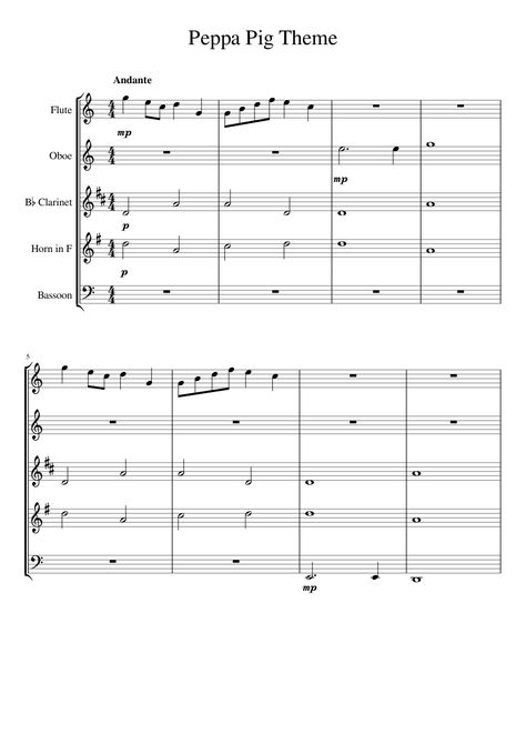 Peppa Pig Theme Sheet music for Flute, Clarinet (In B Flat), French Horn, Oboe & more instruments (Woodwind Quintet) | Musescore.com Peppa Pig Flute Notes, Peppa Pig Theme Song Flute Notes, Peppa Pig Theme Song Clarinet, Peppa Pig Clarinet, Violin Sheet Music Popular Songs, Violin Sheet Music Popular Songs Easy, French Horn Music, Oboe Music, Flute Notes