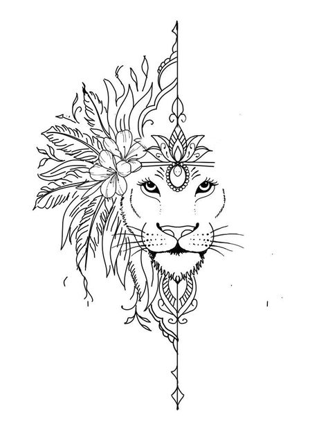 Lion Dream Catcher Tattoo, Lioness Thigh Tattoo For Women, Lion Hip Tattoos Women, Lion Mandala Tattoo Design, Female Lion Tattoo Design, Tattoo Stencils Outline For Women, Tattoo Stencils Outline, Lioness Tattoo Design, Female Lion Tattoo