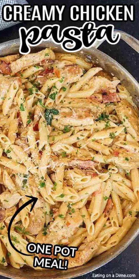 Creamy chicken pasta takes only 20 minutes for the best skillet dinner. Skip takeout and make this creamy dish in less time! Skillet Pasta Recipes, Cheesey Chicken, Chicken Breast Pasta, Easy Veggie Side Dish, Creamy Chicken Pasta Recipes, Chicken Penne Pasta, Cheesy Chicken Pasta, Easy Skillet Chicken, Chicken Bacon Pasta