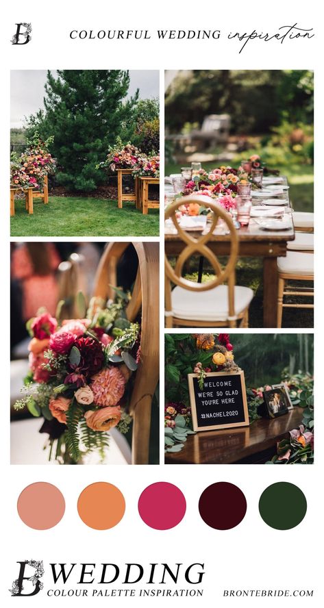 Wedding Pallete Colors Summer, Wedding Colour Schemes Bright, Bright Colour Palette Wedding, Summer Sunset Color Palette Wedding, Colour Palette Wedding Summer, Bright Color Wedding Palette, Late Summer Wedding Palette, Red Orange Pink Wedding Color Palettes, Backyard Wedding Color Scheme