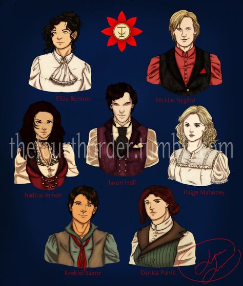 The Seven Seals: Eliza Renton, Nicklas Nygård, Nadine Arnett, Jaxon Hall, Paige Mahoney, Ezekiel Sáenz and Danica Panić, by Leiana Leatutufu (www.thefourthorder.tumblr.com) The Bone Season Fan Art, Hungarian Names, The Seven Seals, Ascension Art, Lunar Chronicles Quotes, Malazan Book Of The Fallen, The Bone Season, Samantha Shannon, Seven Seals