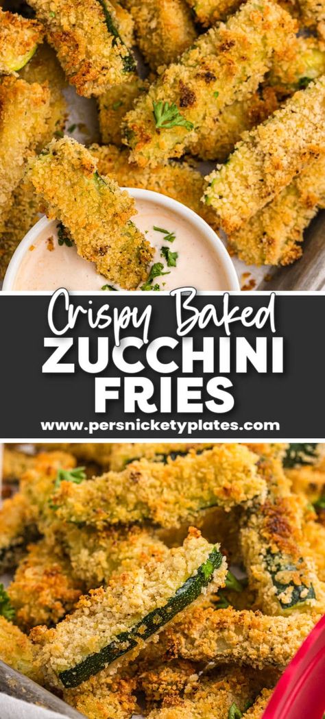 Panko Crusted Zucchini Fries are crispy and seasoned on the outside, tender on the inside, and a great alternative to french fries. Serve with your favorite dipping sauce and even your kids will be asking for seconds! | www.persnicketyplates.com Zucchini Fry Dipping Sauce, Fried Zucchini Batter, Zucchini Fries Baked, Baked Zucchini Fries, Persnickety Plates, Veggie Fritters, Zucchini Side Dishes, Baked Zucchini, Baked Veggies