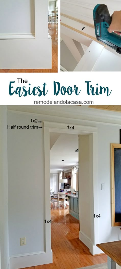 work the trim around doorways with Makita pin nailer and Dremel Oscillating tool Trim Around Interior Openings, Diy Door Casing Trim Work, Craftsman Interior Door Trim, Diy Doorway Trim, Diy Doorway Casing, Indoor Door Trim Ideas, Minimalist Door Trim, Interior Door Casing Ideas, Modern Farmhouse Door Trim