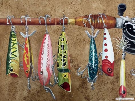 Fishing Lures Painted Fishing Lures, Fishing Lures Painting, Watercolor Fly Fishing Flies, Fishing Lure Crafts, Fishing Lure Painting, Fishing Lure Art, Bass Painting, Christmas Canvases, Fishing Lures Art