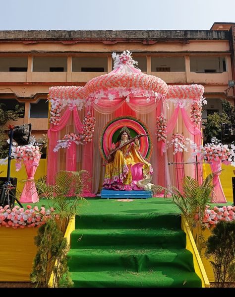 Saraswati Pujo Decoration, Saraswati Puja Pandal Decoration Ideas, Marriage Lawn Design, Saraswati Puja Decoration, Saraswati Puja Pandal, Lord Saraswati, Ayyappa Swamy Wallpapers 3d, Happy Basant Panchami, Pop Design Photo